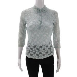 Anonymous Womens Floral Lace Collar Long Sleeve Blouse Top Blue Size S